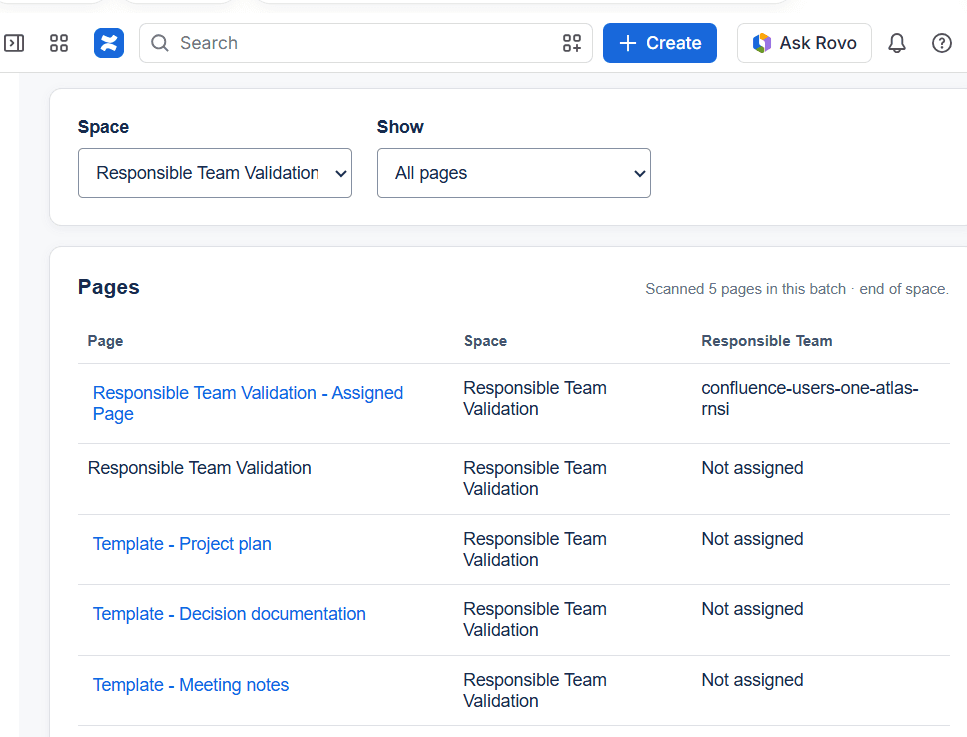Responsible Team report showing assigned and unassigned pages in one selected Confluence space